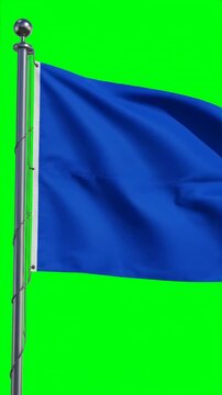 Solid Blue Flag Waving on Metal Pole Against Green Screen Background in Daylight