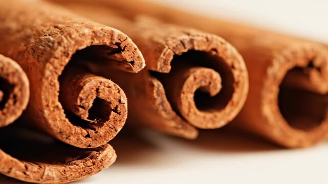 Close up detailed view of cinnamon sticks rolled tightly.