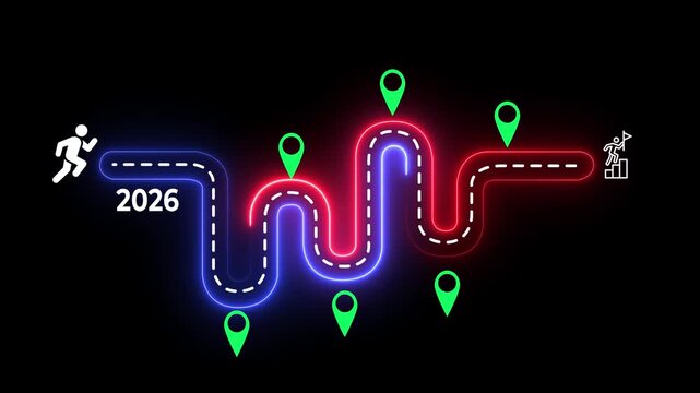 Business planning and development concept. Road map marked with milestones and a flag finish. Motion graphics of 2026 success roadmap idea on the transparent background. 4k video. 