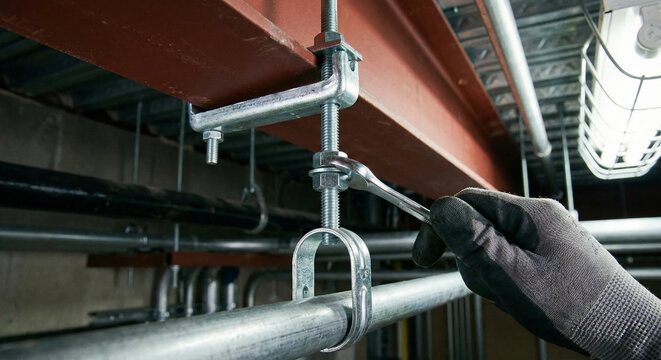 Gloved hand using wrench on threaded rod and beam clamp assembly