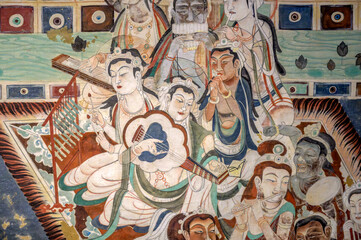 Ancient mythological story characters murals in the Dunhuang Caves of China. © youm