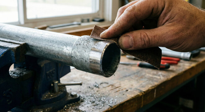 Sanding and deburring metal conduit pipe edge by hand