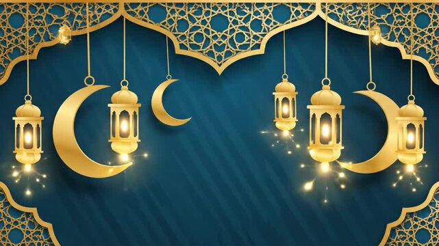 Ramadan Kareem Background with Golden Lanterns and Crescent Moons  Islamic Celebration