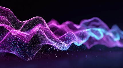 Fototapeta premium Abstract glowing particles forming dynamic waves of purple and blue light on a dark background