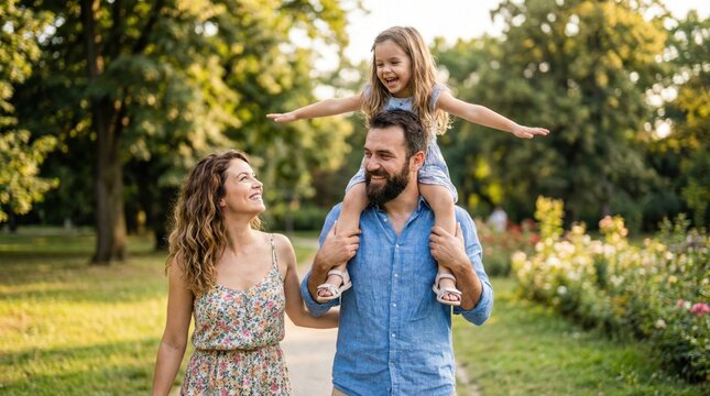 Happy family walking in park,mother and father with daughter on shoulders,summer outdoor lifestyle,parents love,childhood joy,weekend leisure,and togetherness