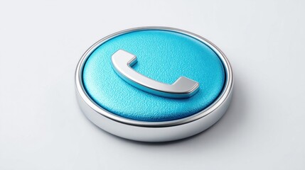 Shiny metallic phone icon on a textured blue circular button with a silver border