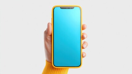 Hand holding a bright yellow smartphone with a vibrant blue screen against a clean white background