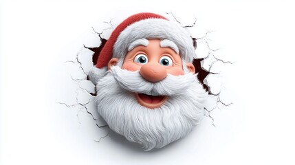 Cheerful Santa Claus bursting through a cracked white wall with a festive holiday greeting