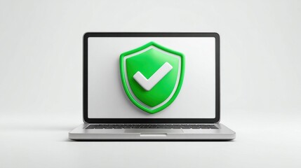 Laptop screen displays a green shield with a white checkmark, symbolizing digital security and protection