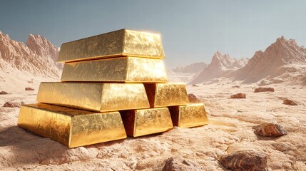 Gold bars stacked high in a desert setting, symbolizing wealth and value.