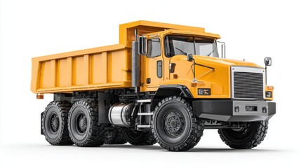 Heavy duty yellow dump truck with large tires and powerful engine, ready for work
