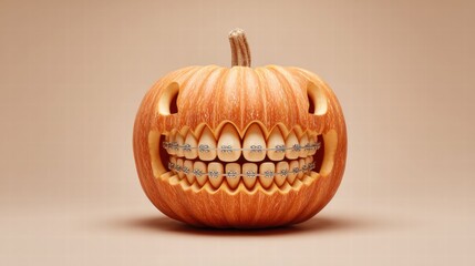 A carved pumpkin with braces for Halloween.