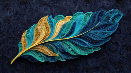 Intricate quilled paper feather artwork with swirling dark background and vibrant colors