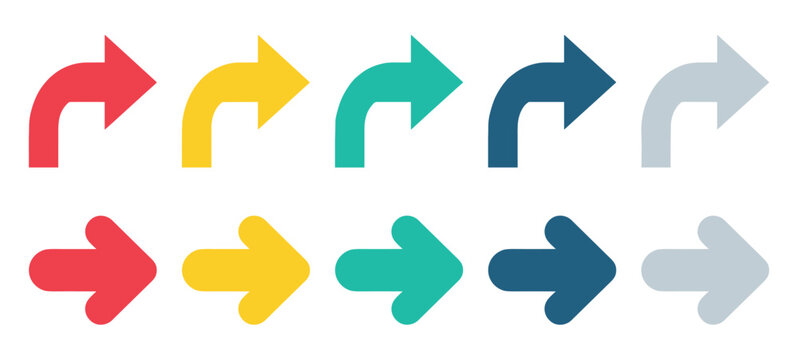 Colorful set of flat design arrows pointing right in two different styles, a bent arrow and a straight arrow, for user interface or infographic design elements