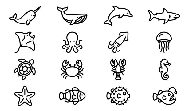 Set of sixteen black line art icons depicting various sea creatures like whales, sharks, and turtles in a simple, minimalist, and cute cartoon style for design elements
