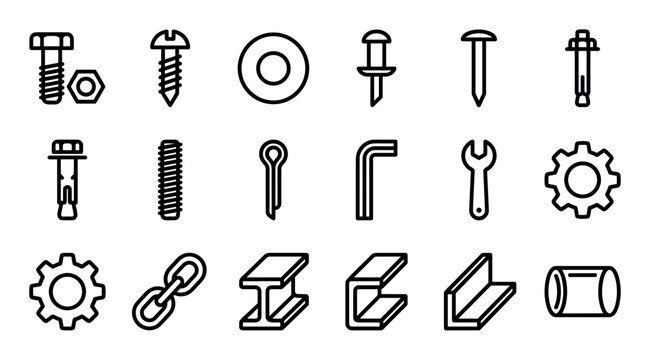 Set of hardware and fastener line icons featuring bolts, screws, nuts, nails, washers, gears, and structural steel beams for construction and industrial applications