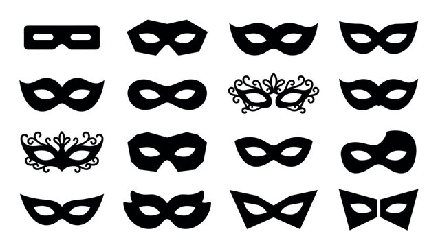 Collection of black carnival mask silhouettes in various shapes and styles for masquerade parties, featuring simple and ornate designs for festive events and celebrations