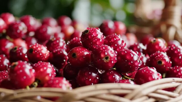 Close up of fresh red currants in wicker basket.