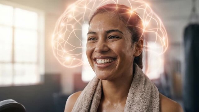 Brain health lifestyle smiling woman after workout towel sweat portrait healthy brain workout glowing brain illustration promoting mental fitness