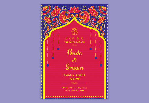 Editable Colorful Indian Wedding Invitation Card Template with Venue Details and Paisley Flower Design.