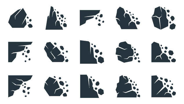Collection of dark gray rockfall icons showing falling stones and crumbling cliffs in a simple flat vector illustration style for warning signs and geological hazard concepts