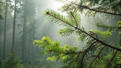 Fototapeta premium A captivating image of a misty forest, with focus on a vibrant green tree branch