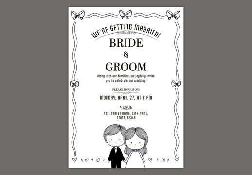 Editable Wedding Invitation Card Template with Hand Drawn Bride and Groom Illustration on White Background.