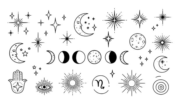 Doodle sparkle and celestial icon vector set