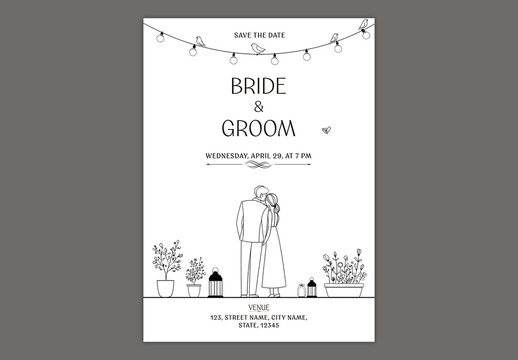 Editable Save The Date Wedding Invitation Card Template with Hand Drawn Bride and Groom Illustration on White Background.