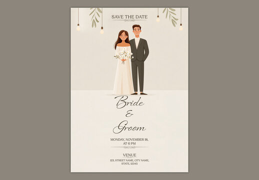 Editable Save The Date Wedding Invitation Card Template with Bride and Groom Illustration on White Background.