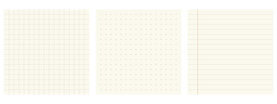Square grid bullet journal set. Dot grid and lined notebook pages patterns for planning and notes.