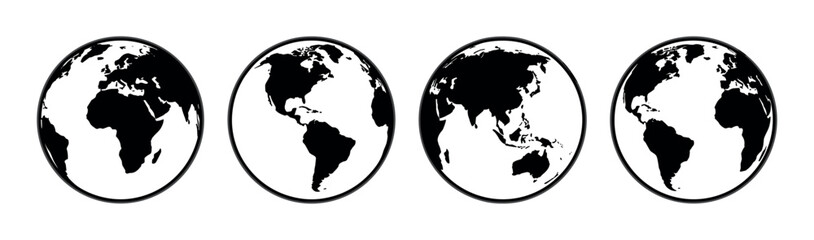 Four black and white planet Earth globes in a minimalist icon set showing different continental views of the world, a simple graphic illustration of global perspectives