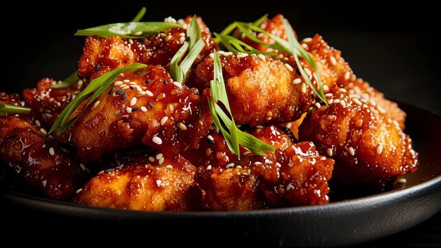 Crispy fried chicken pieces smothered in spicy sauce and garnished with green onions and sesame seeds on a dark plate