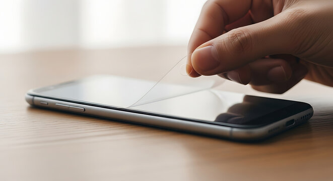Hand applying screen protector on smartphone on wooden table near window