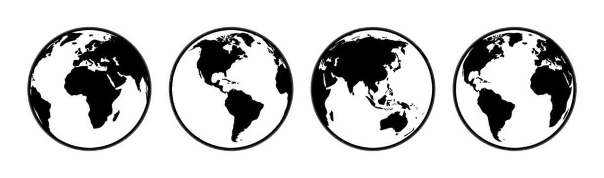 Four black and white planet Earth globes in a minimalist icon set showing different continental views of the world, a simple graphic illustration of global perspectives