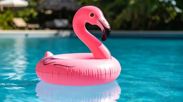 Pink inflatable flamingo pool float on vibrant blue water during daytime