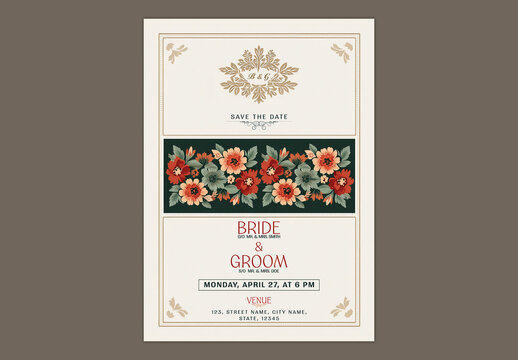 Editable Save the Date Wedding Invitation Card Template with Floral Band and Off White Background Design.