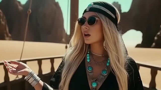 Modelo rubia con estilo bohemio y joyer&iacute;a de turquesa posando en un barco de madera en el desierto frente a formaciones rocosas