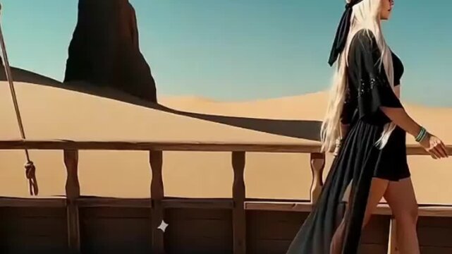 Modelo rubia con estilo bohemio y joyer&iacute;a de turquesa posando en un barco de madera en el desierto frente a formaciones rocosas