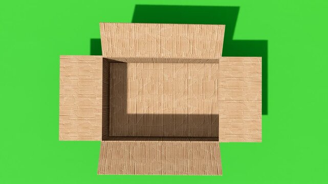 3D animation of cardboard box unpacking on green background, suitable for advertising, online stores, logistics presentations, unboxing scenes, and digital marketing content, 4k video
