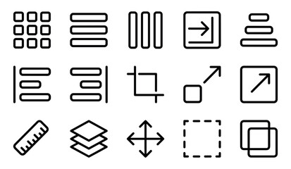 Set of black outline user interface icons for web and mobile application design, including menu, list, crop, layers, and navigation symbols in a clean, minimalist style