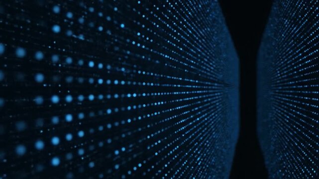 Abstract background of glowing blue particles arranged in a digital grid pattern, representing data flow and technological innovation