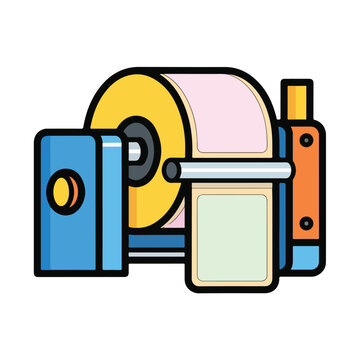 A cartoon-style illustration of a colorful label maker
