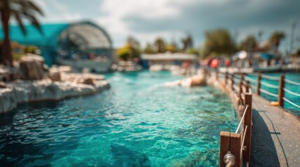 Obraz premium Defocused dolphinarium interior with water pool and soft lighting.