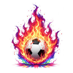 A dynamic and abstract depiction of a soccer ball engulfed in vibrant flames on white background