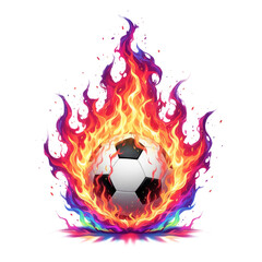 A dynamic and abstract depiction of a soccer ball engulfed in vibrant flames on transparent background