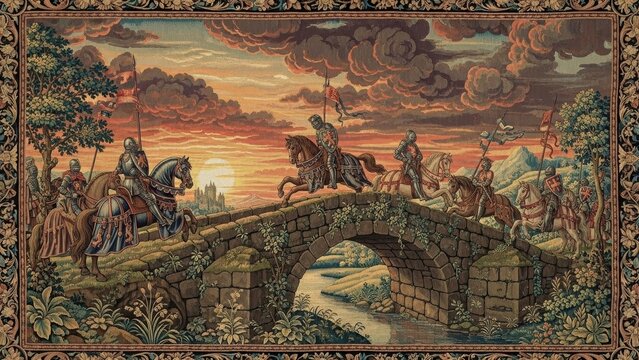 Medieval Equestrian Tapestry: A historic tapestry depicts knights on horseback crossing a stone bridge beneath a dramatic sunset, rich in historical detail and artistry.