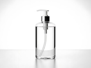 Fototapeta premium A clear soap dispenser on a reflective surface with a white pump against a plain backdrop from a front viewpoint