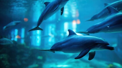Fototapeta premium Blurred dolphinarium pool and seating area as abstract aquatic background.