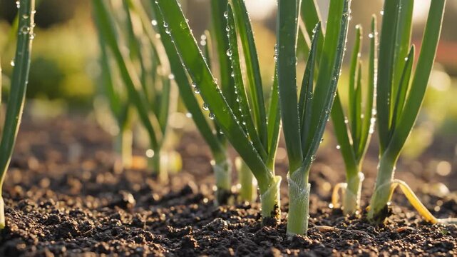 Close up of green onion plants growing in soil under sunlight.